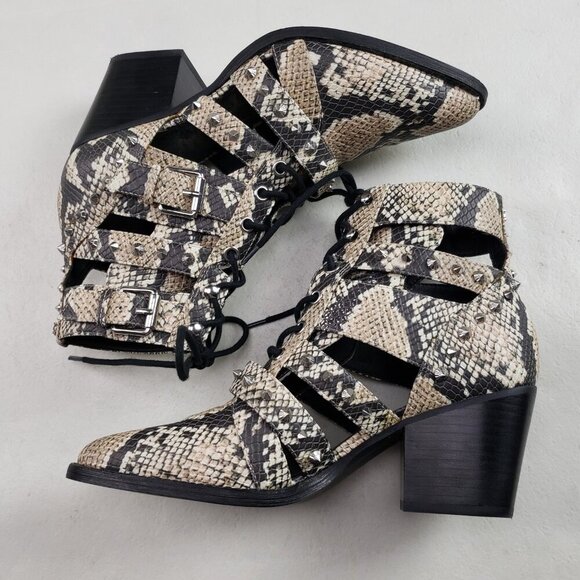 Sam Edelman Elana Studded Boot Womens 7.5 Beige Leather Snake Cut Out Ankle Heel - Picture 8 of 16